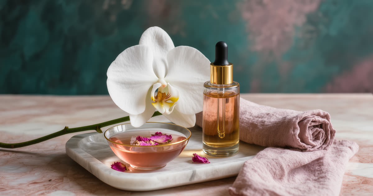 Ambiente de harmonização facial com orquídea, óleo essencial e toalhas em tons de rosé e porcelana