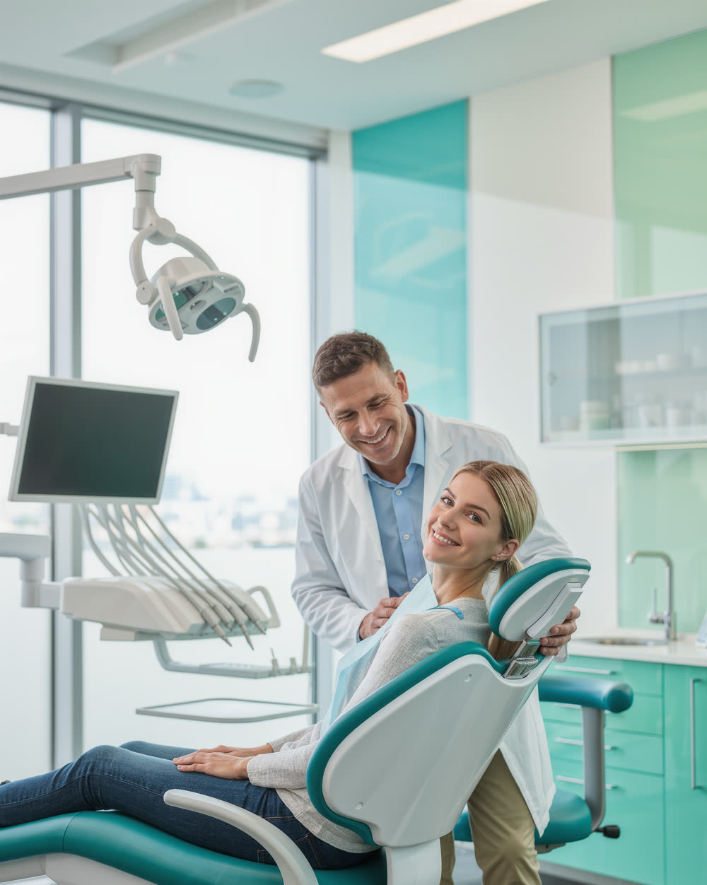 Dentista acolhedor com paciente sorrindo em clínica moderna
