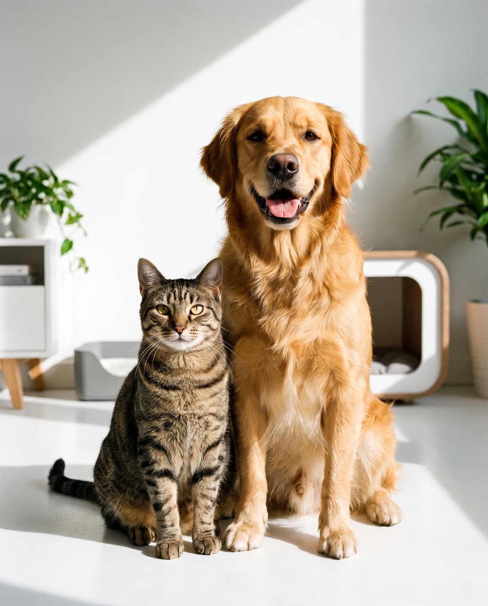 Cão e gato felizes no espaço pet